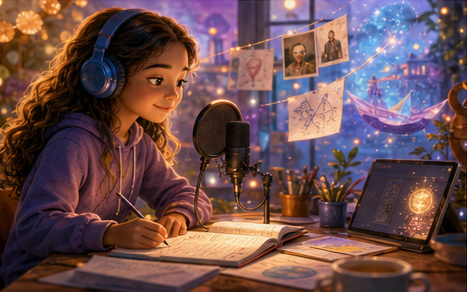 A girl with headphones creating at a cozy desk strung with her own sketches and fairy lights