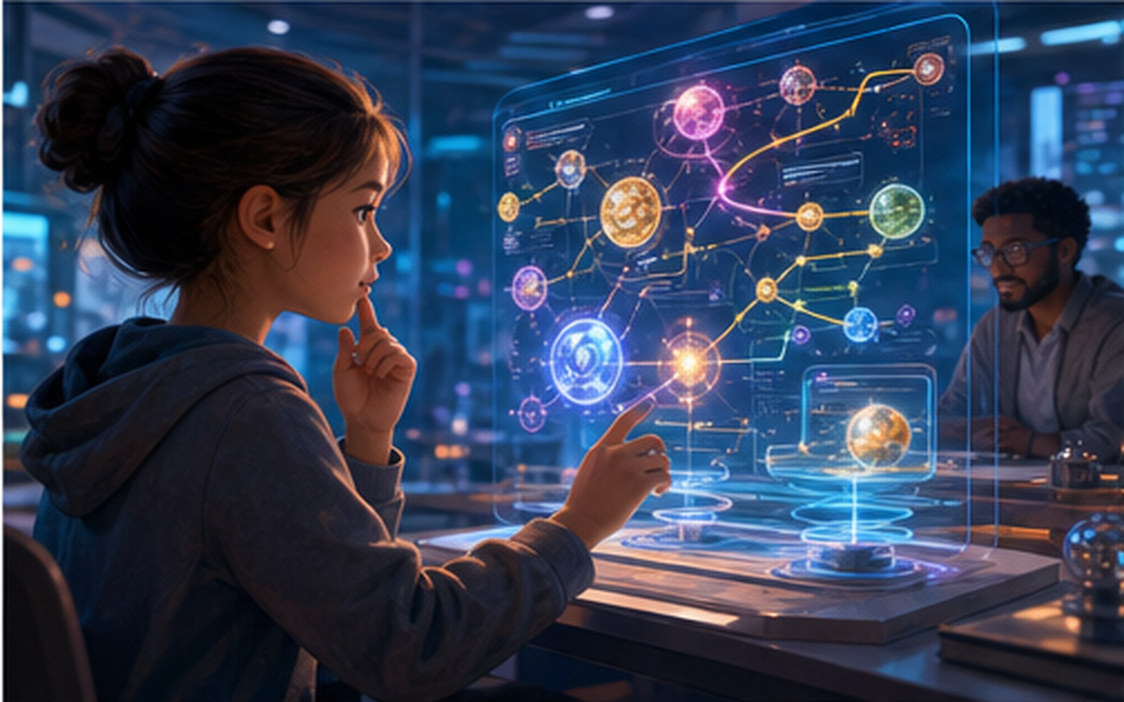 A learner tracing a glowing map of connected ideas on a translucent display