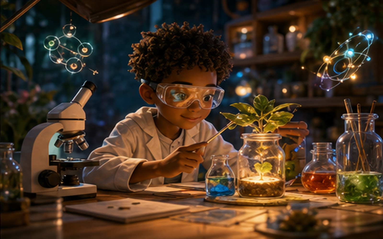 A young scientist examining a glowing plant experiment in a lab