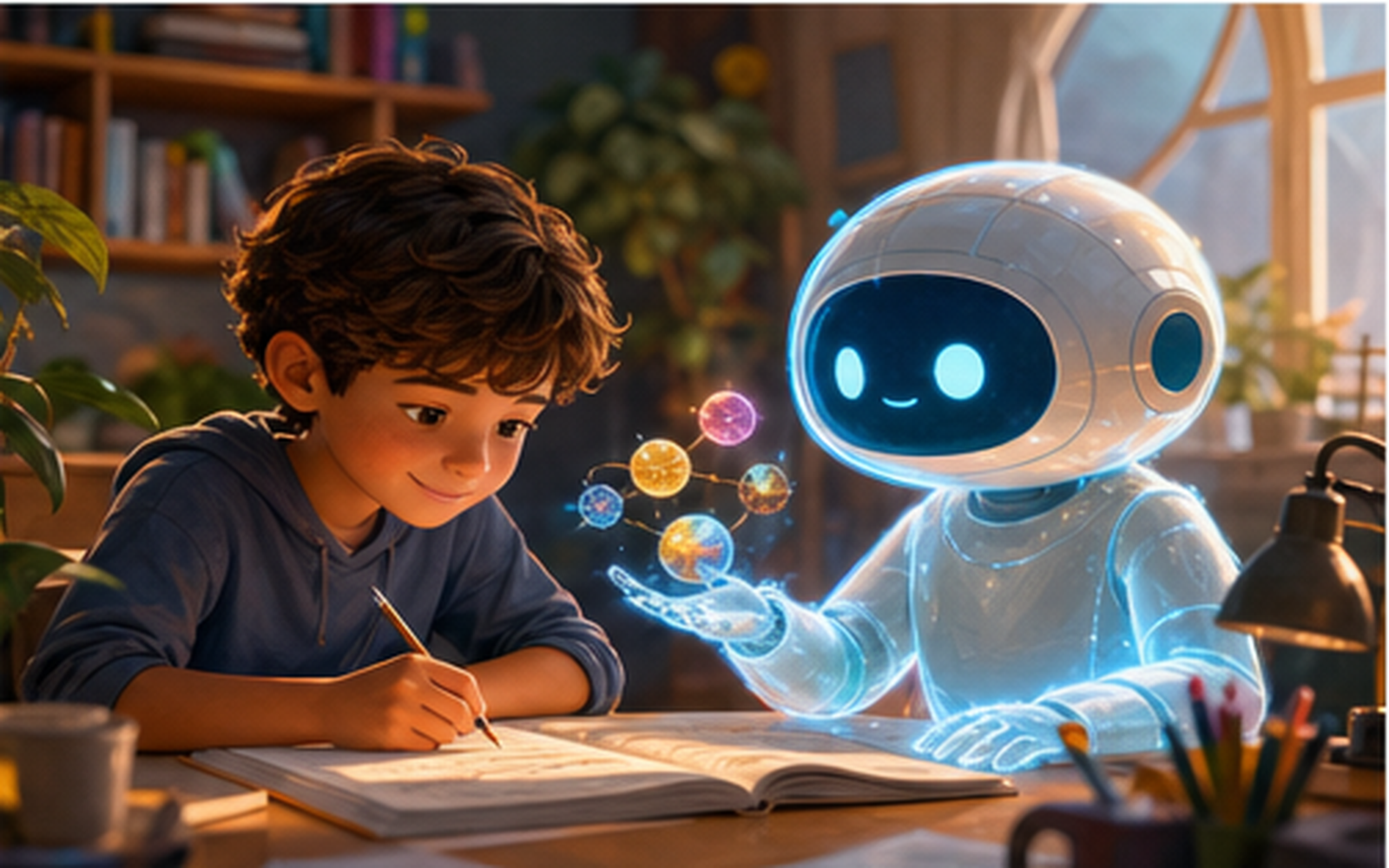 A boy writing at a desk while a friendly glowing robot tutor presents small floating worlds