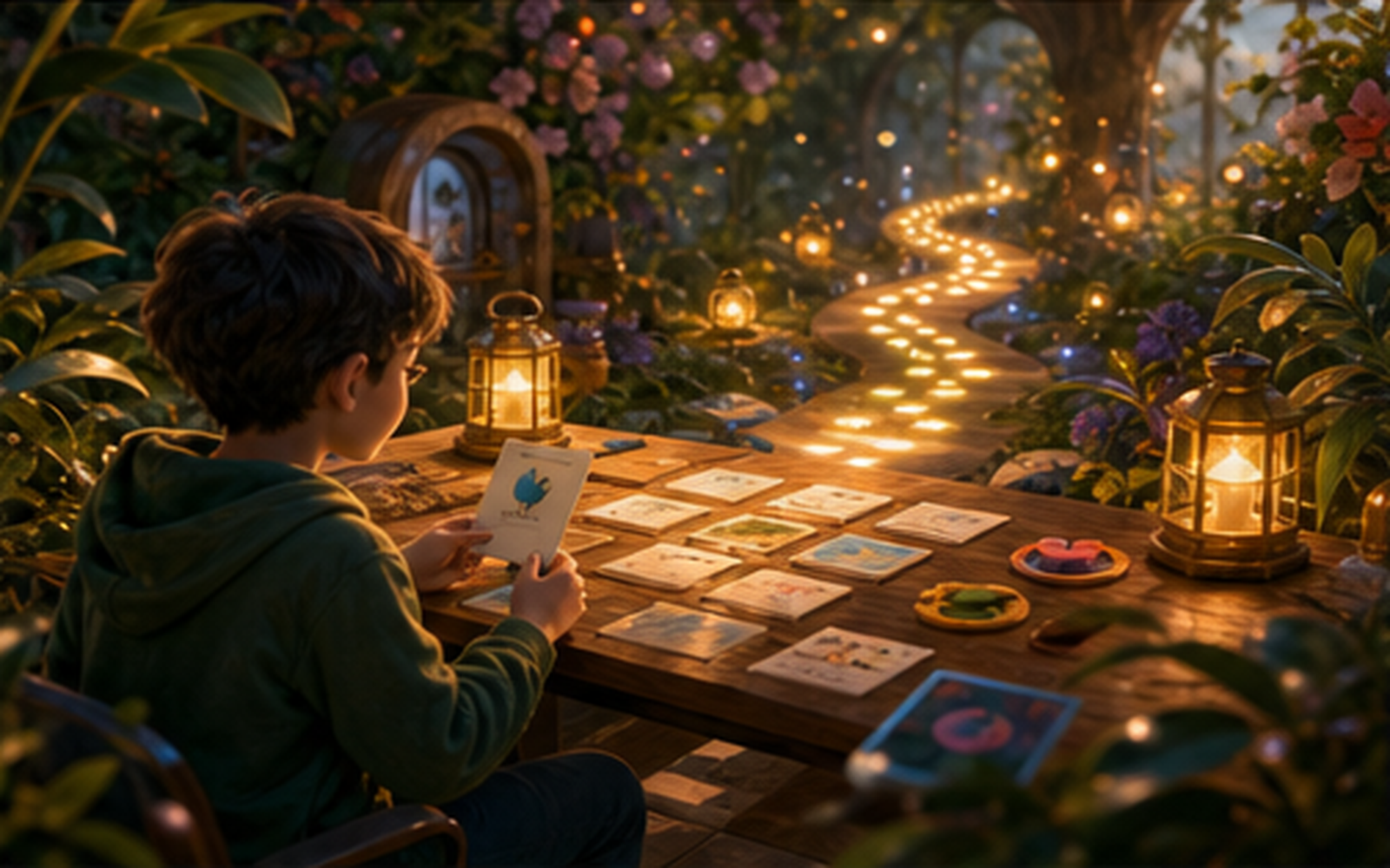 A boy laying out glowing flashcards on a garden table at dusk