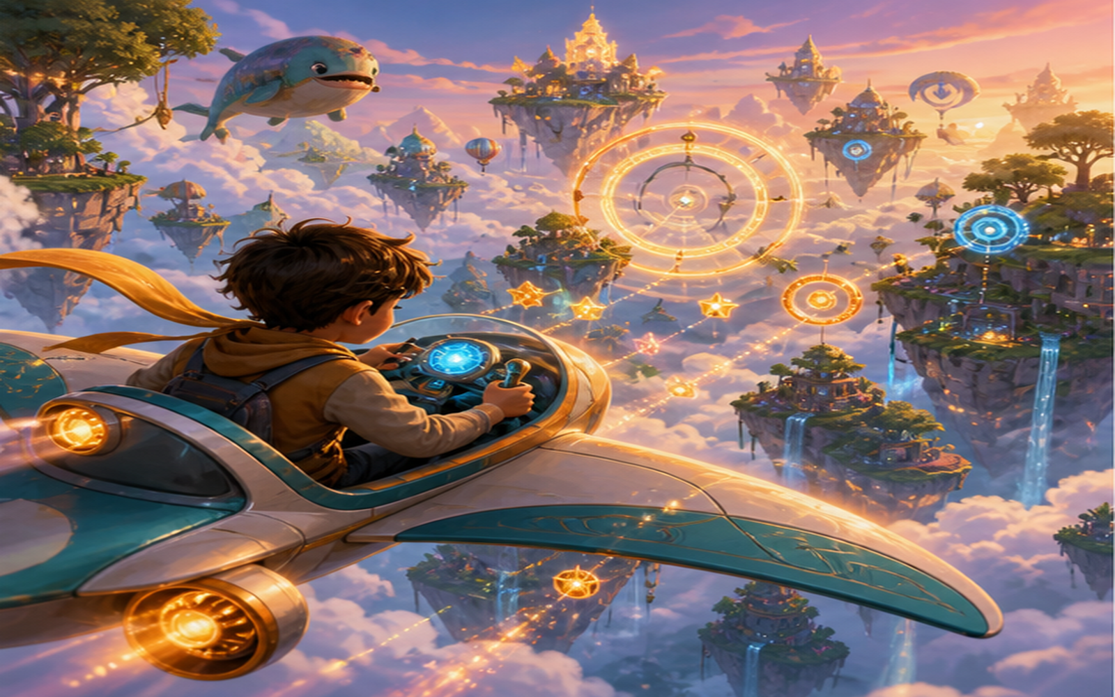 A child piloting a fantastical glider through floating islands