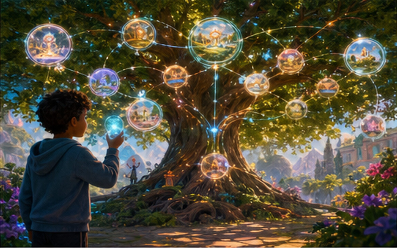 A child reaching toward a great tree hung with glowing orbs of connected knowledge