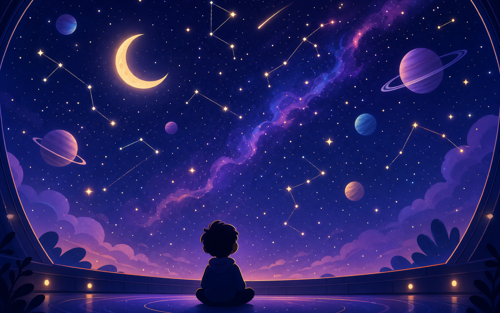 A child sitting in a planetarium beneath a vast night sky of constellations, planets, and a crescent moon