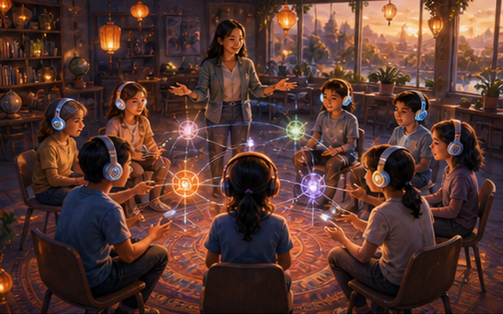 A teacher leading a circle of students wearing headphones in a warm, lantern-lit classroom