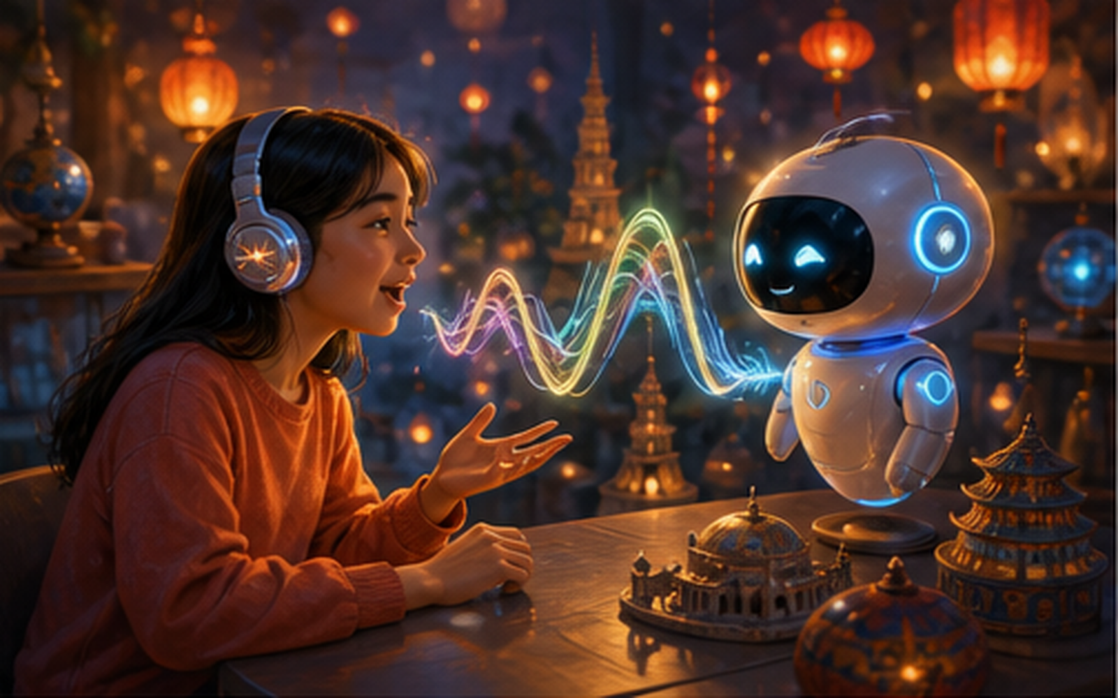 A girl with headphones speaking with a friendly robot amid colorful sound waves