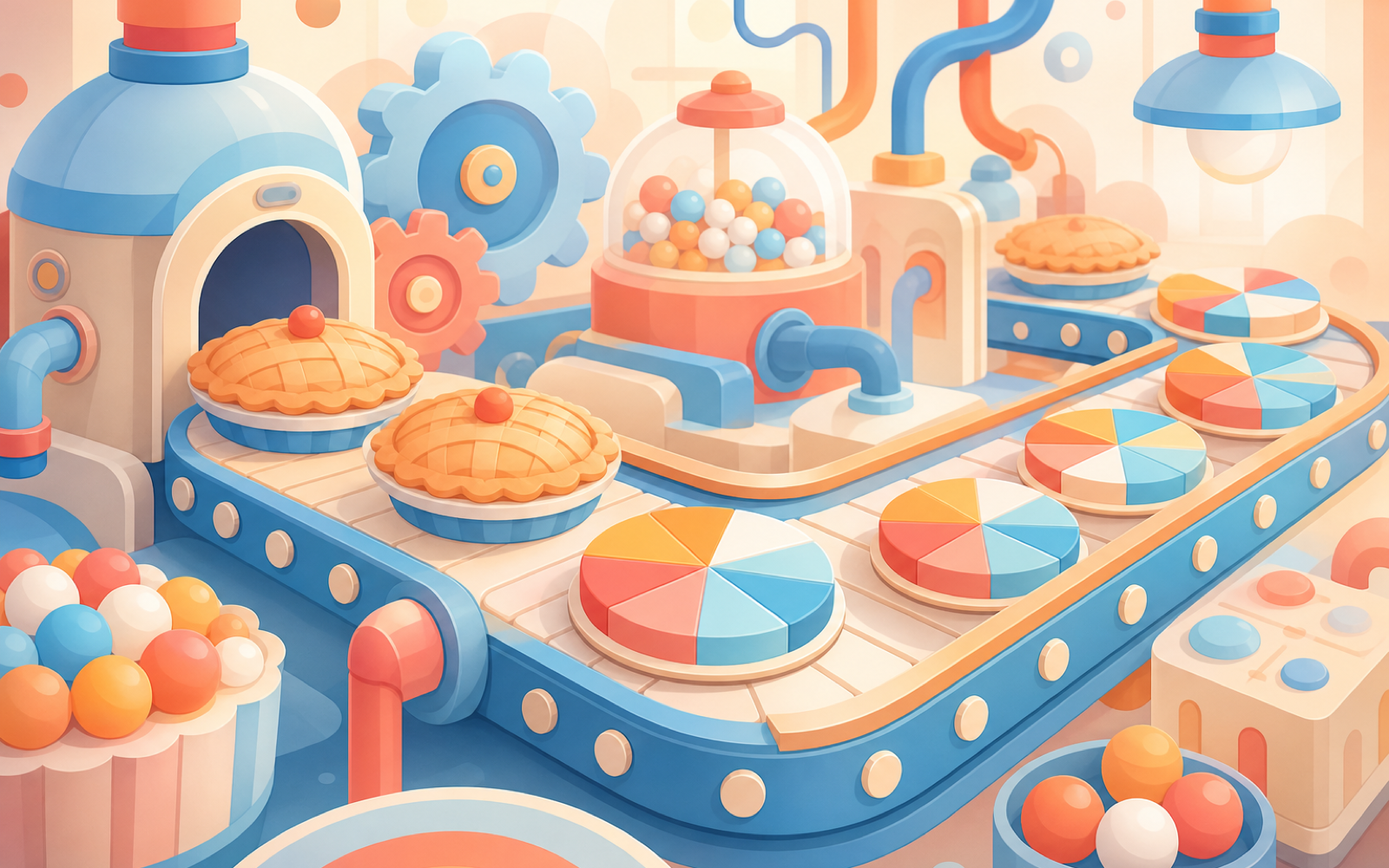 A whimsical toy factory turning out pies divided into colorful fraction slices