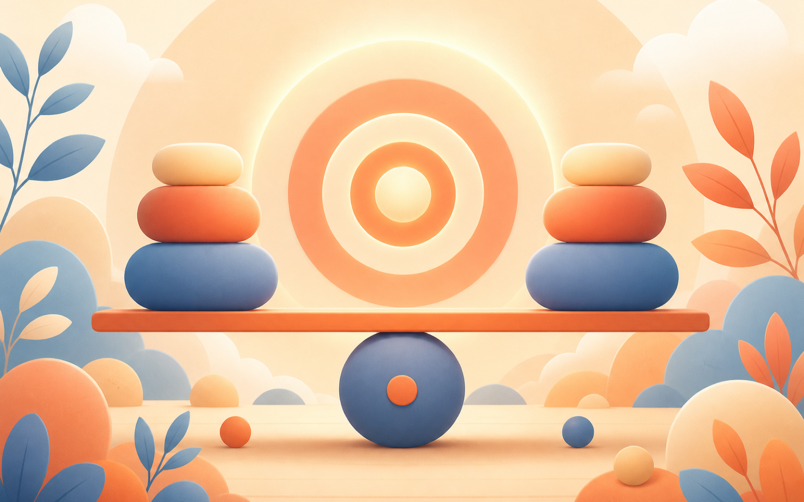 Balanced stones on a seesaw in a warm, abstract landscape