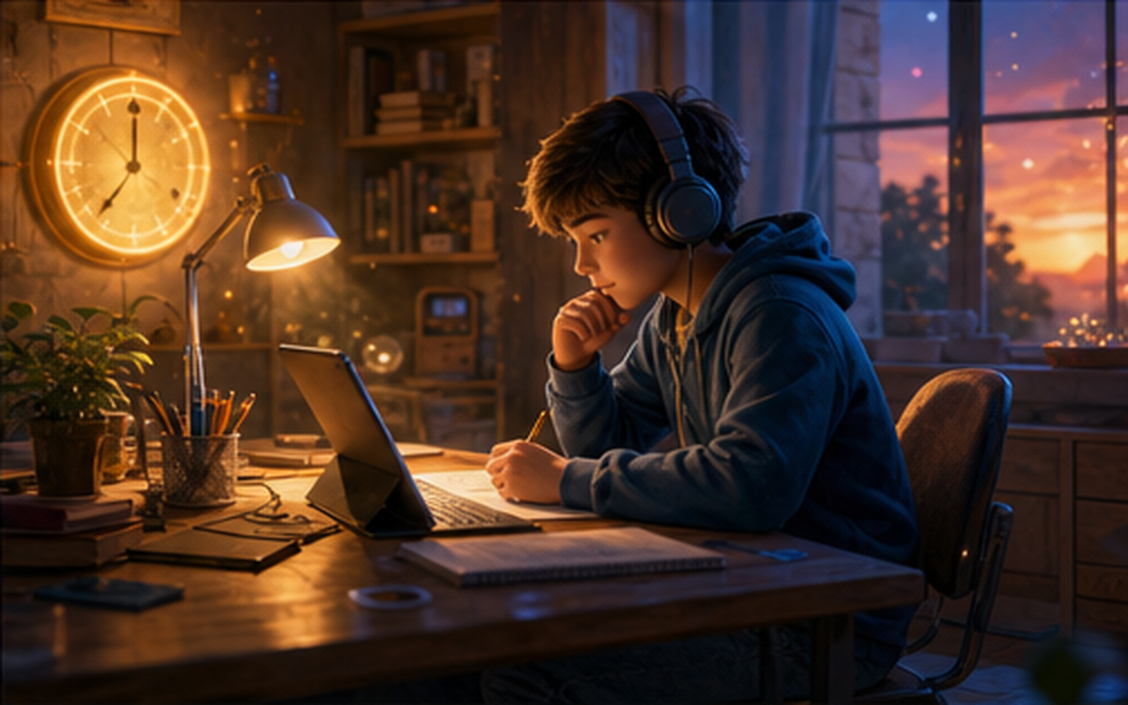 A student with headphones studying at a desk in warm evening light