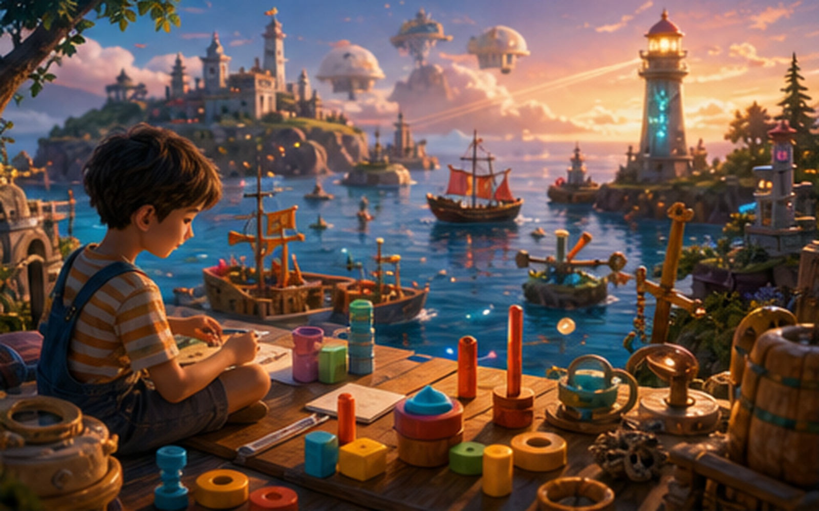 A boy building with colorful number blocks on a dock overlooking a playful harbor and lighthouse