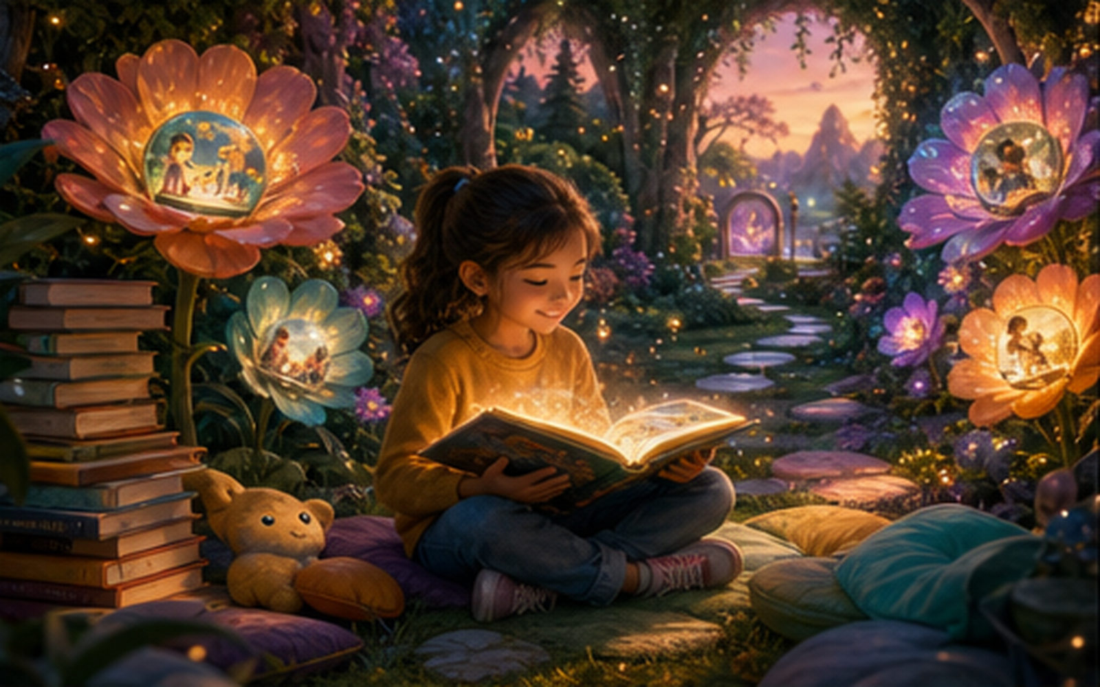 A girl reading happily in a garden of giant glowing flowers, each holding a small story scene