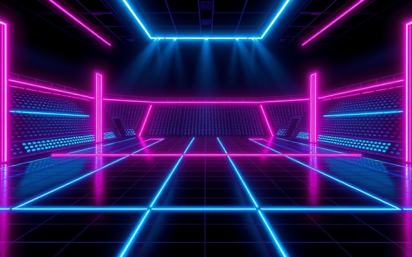 A neon arcade arena glowing in pink and blue grid lines
