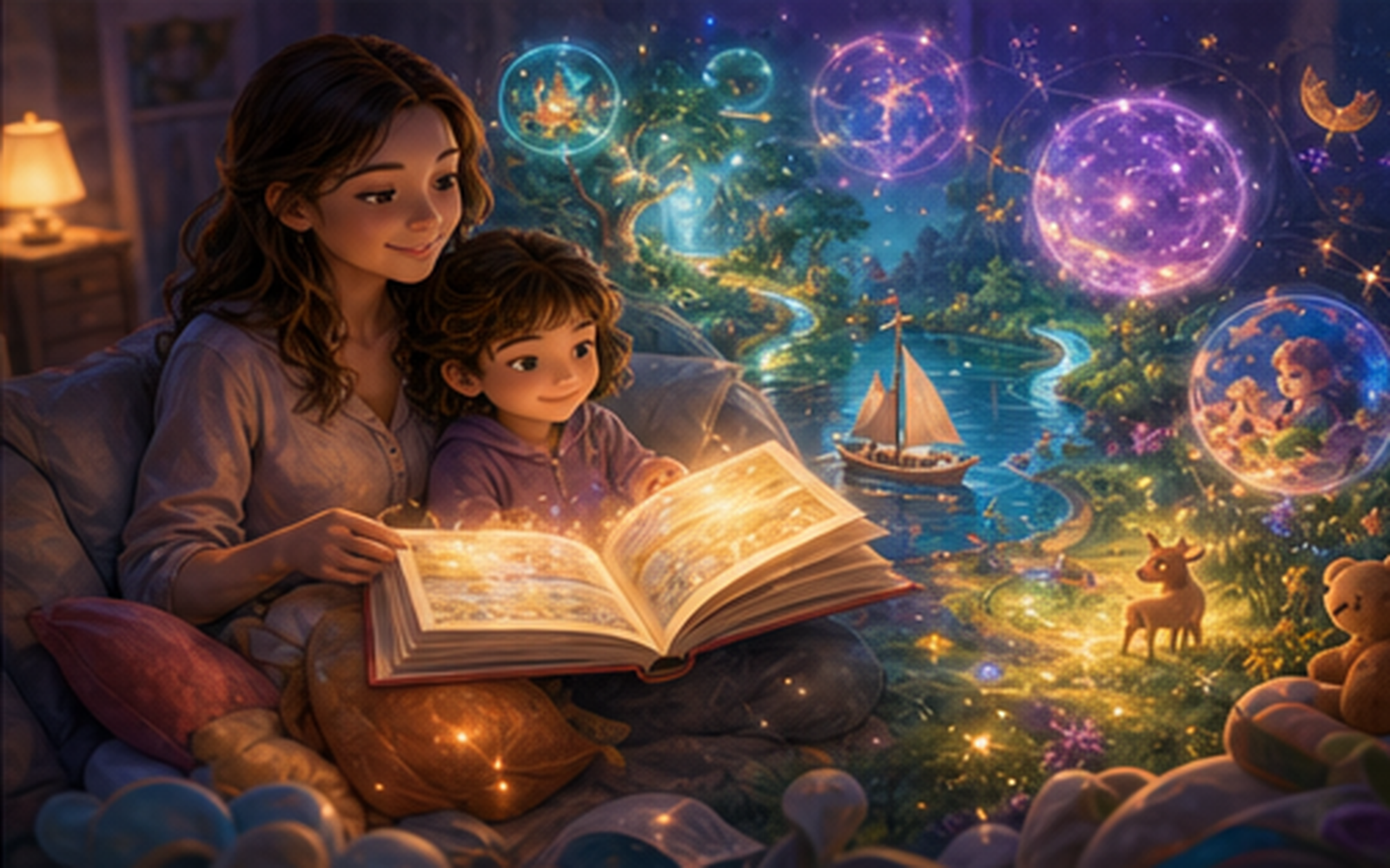A parent and child reading a glowing storybook as the story blooms to life around them