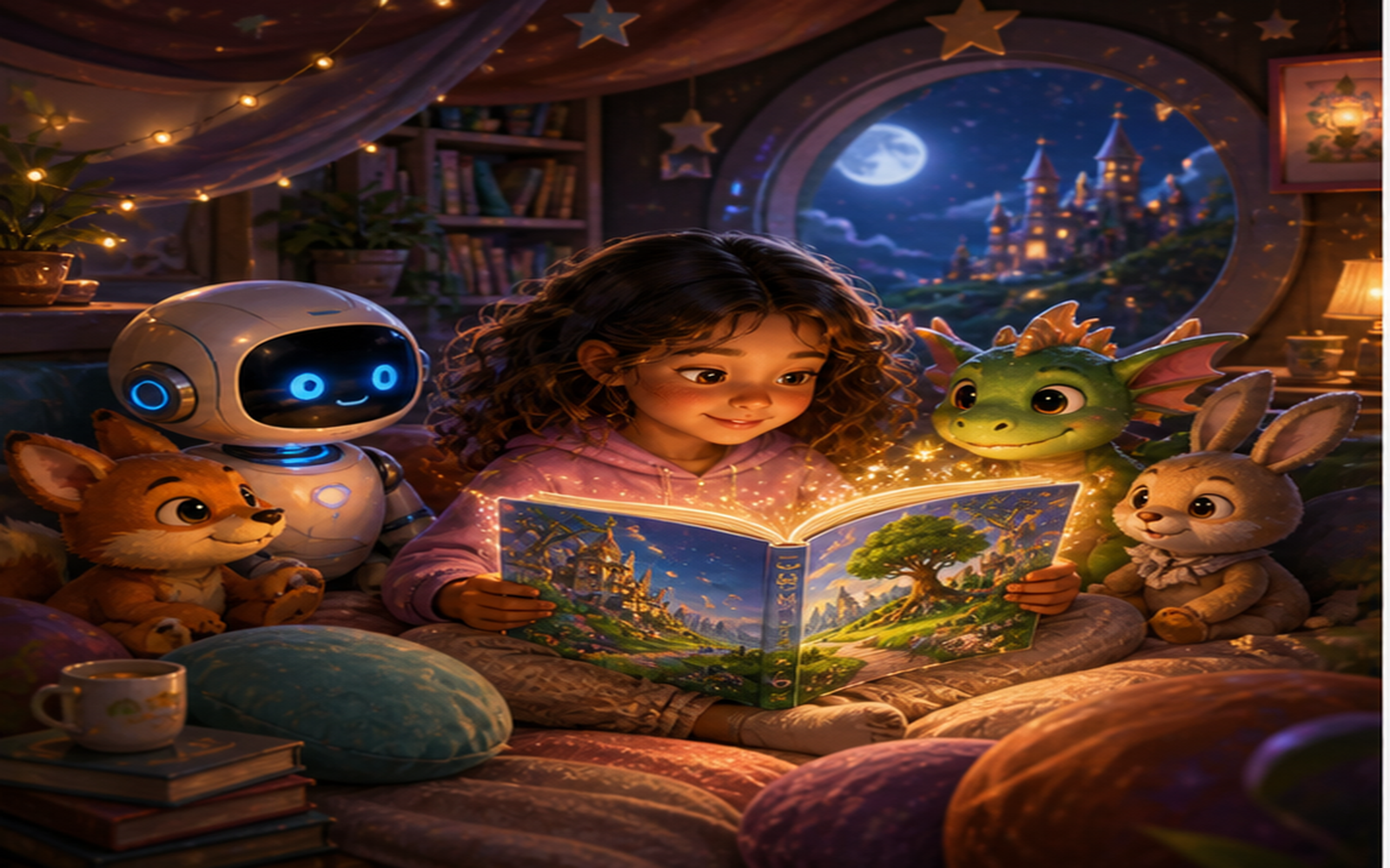 A girl reading a glowing storybook at night, surrounded by plush animal friends