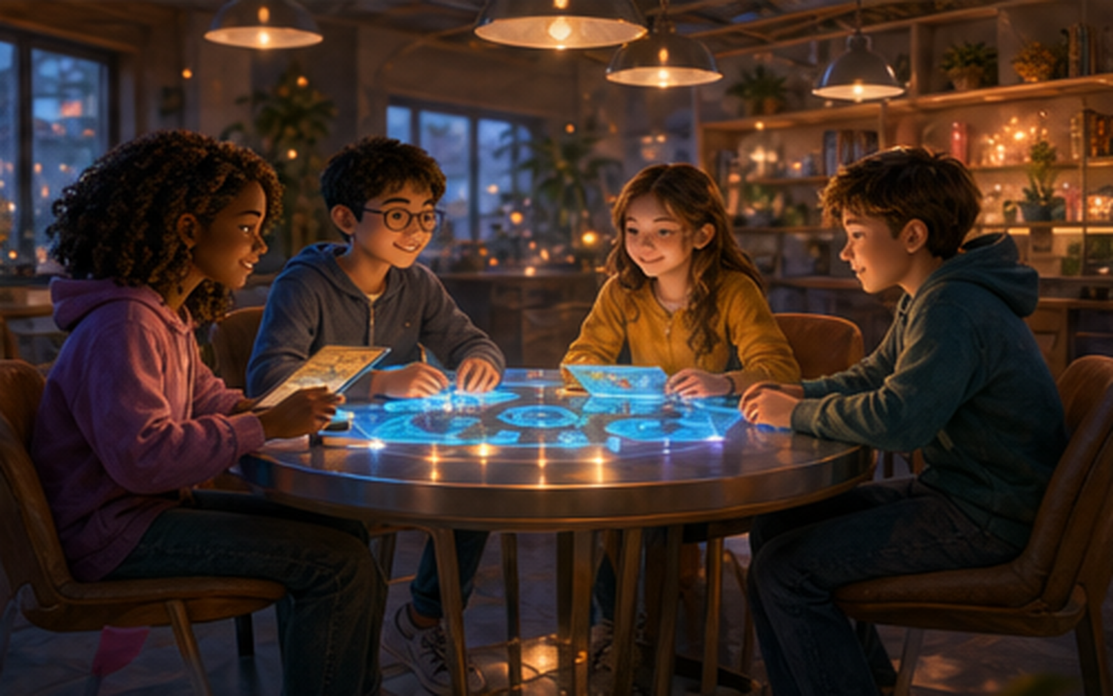 Four students in warm lamplight talking around a table with a softly glowing surface