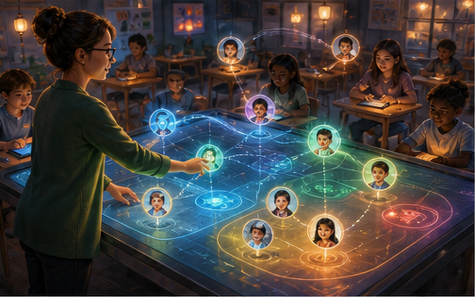 A teacher guiding a colorful discussion map with a class gathered around a shared table