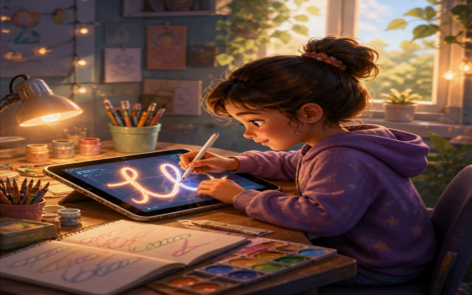 A girl at a sunlit desk tracing a glowing line on a tablet with a stylus