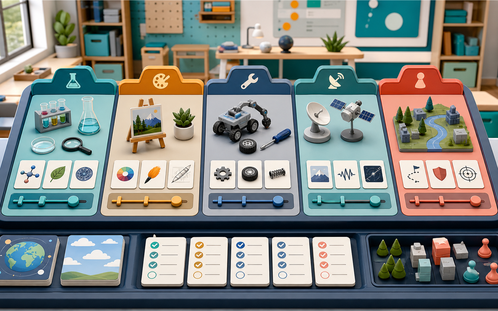A tabletop of colorful learning stations for science, art, engineering, and exploration