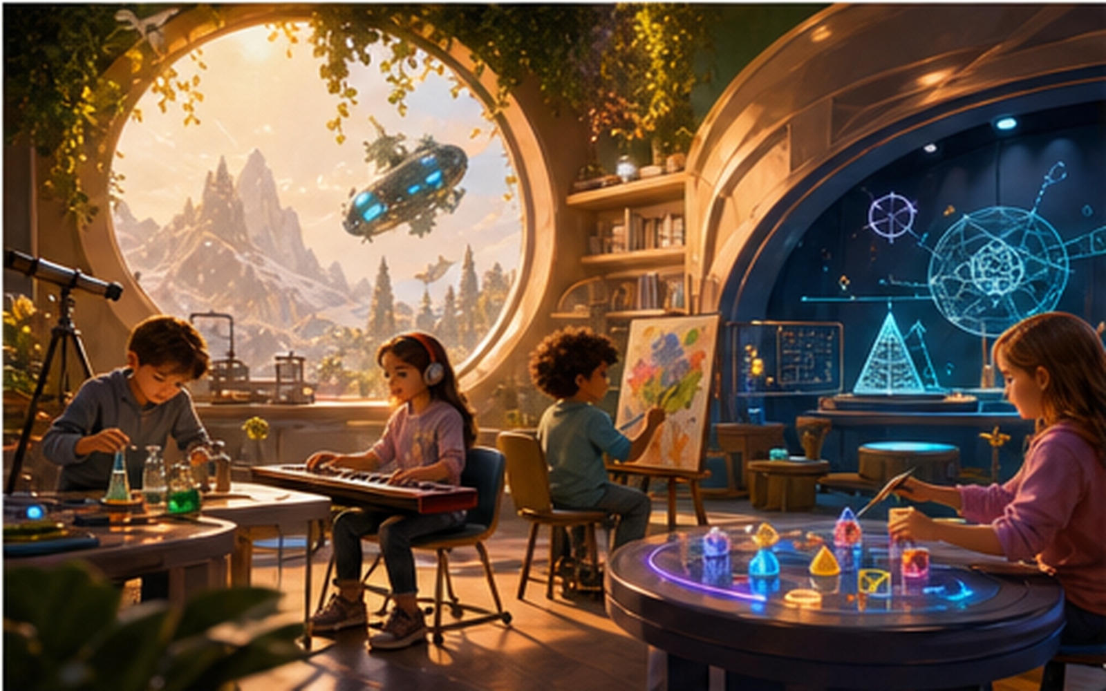 Children exploring a round observatory room full of glowing learning stations and a mountain view