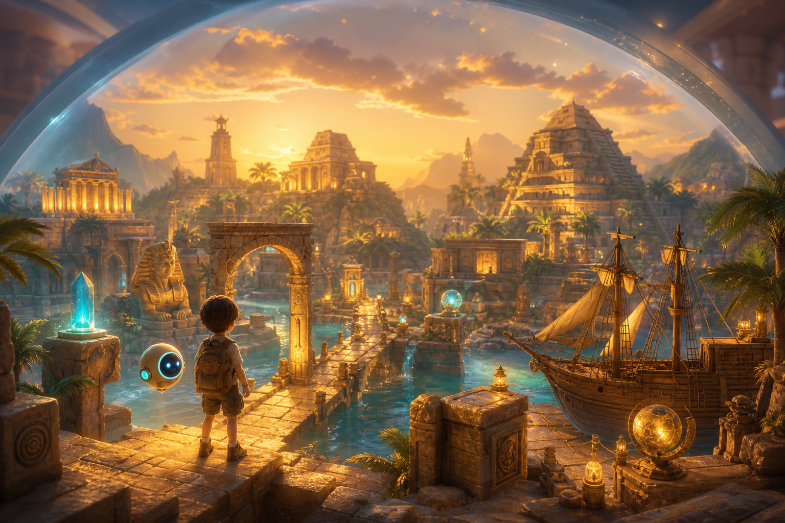 Concept art of a domed ancient-civilizations world with temples, pyramids, and a sailing ship at golden dusk.