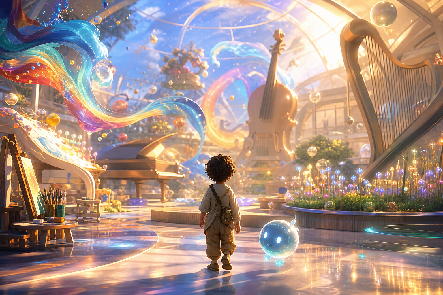 A child stepping into a sunlit glass conservatory world swirling with color and music