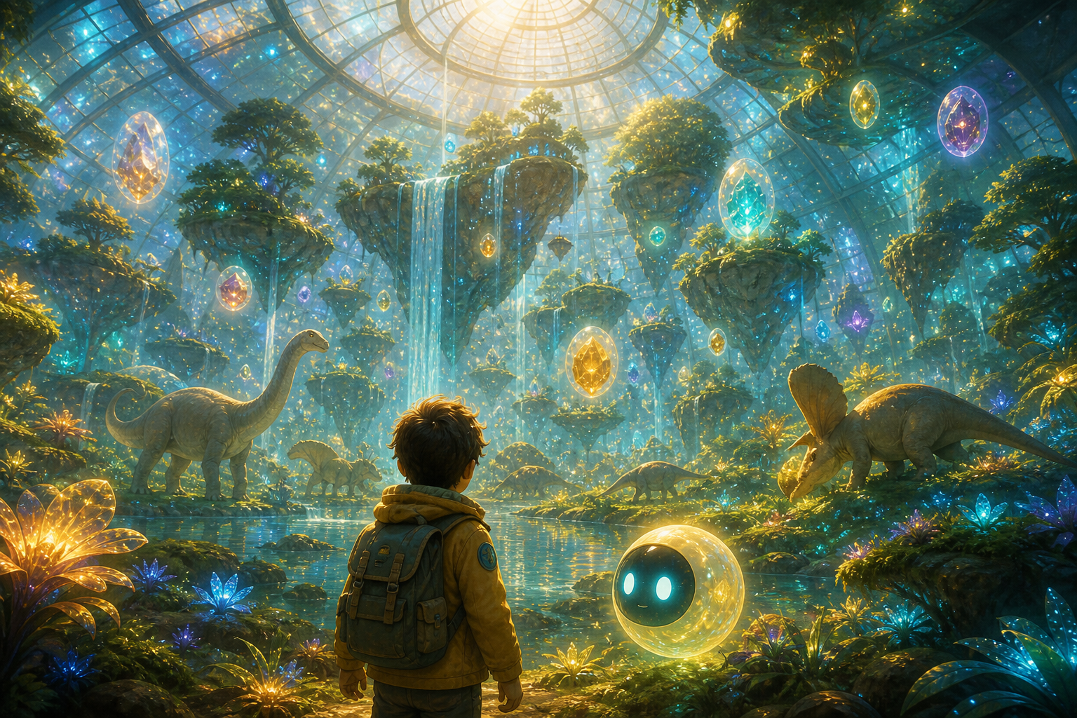 Concept art of a domed bioluminescent science-and-discovery exploration world with a young learner and a glowing AI guide.