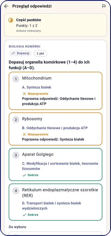 Przegląd odpowiedzi: zadanie z dopasowaniem, dwie z czterech par poprawne i punkty