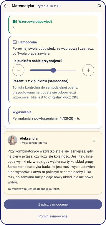 Samoocena odpowiedzi otwartej: wzorcowa odpowiedź, suwak punktów i wyjaśnienie