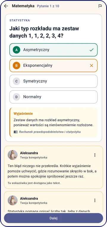 Zadanie ze statystyki po odpowiedzi: zaznaczona poprawna i błędna odpowiedź oraz wyjaśnienie